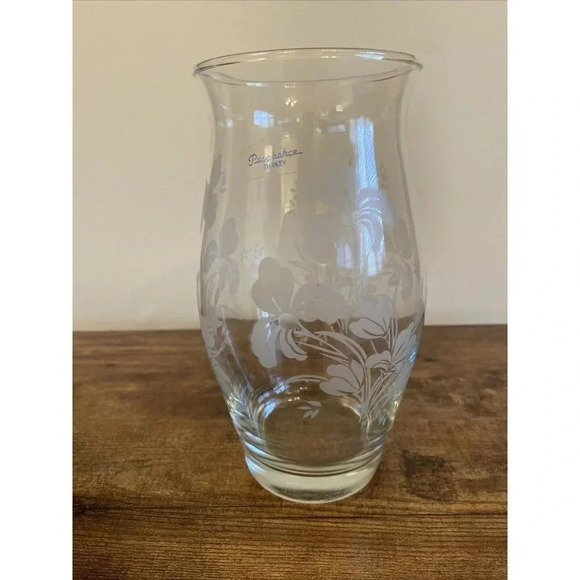 Pasabahce Made In Turkey Art Glass Clear Etched White Floral Vase 8”H 3.75”D - Picture 2 of 7